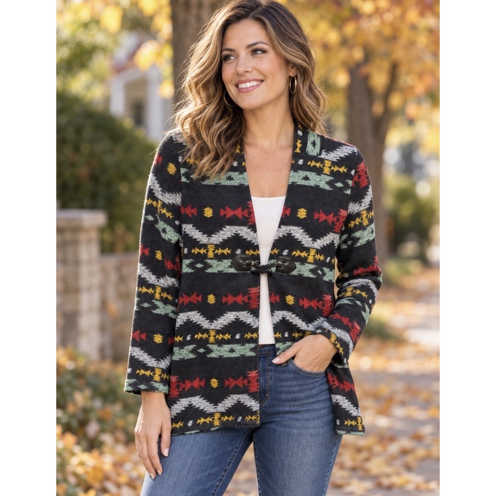 One World Live and Let Live Women M Knit Cardigan Sweater Southwest Boho Aztec
